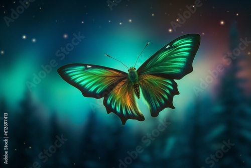 night butterfly with a green glow at a window created with Generative AI technology