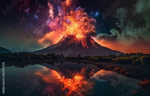 erupting volcano reflected in a clear lake created with Generative AI technology