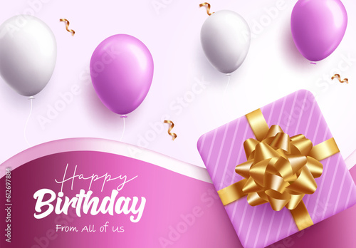 Happy birthday text vector design. Birthday greeting with gift box and purple balloons for invitation and card template. Vector illustration greeting decoration. 
