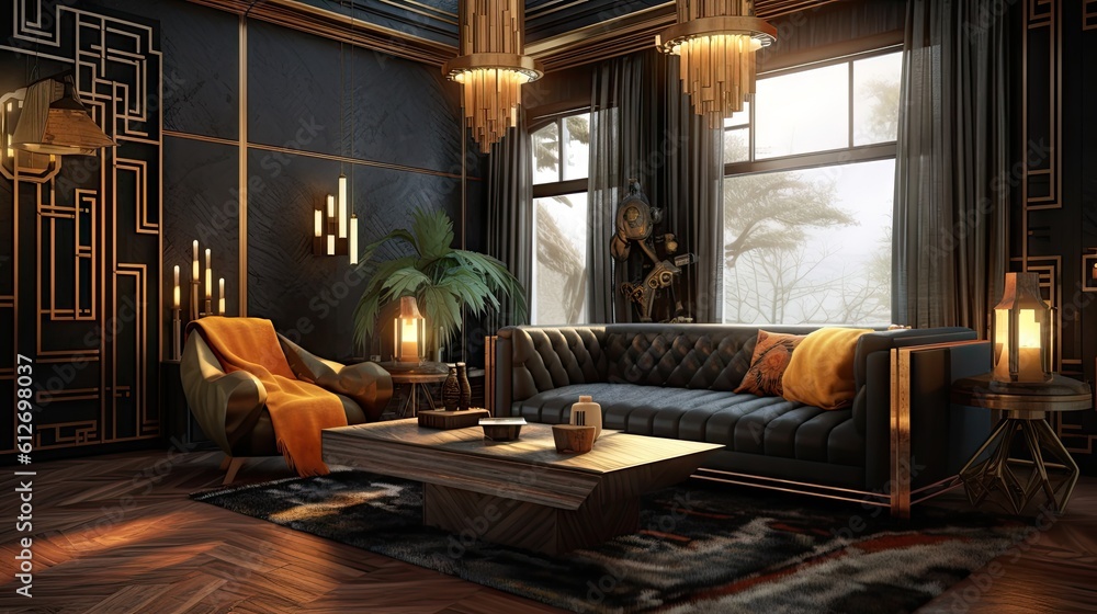 Black and Golden Wood Art Deco Design Living Room Interior Style