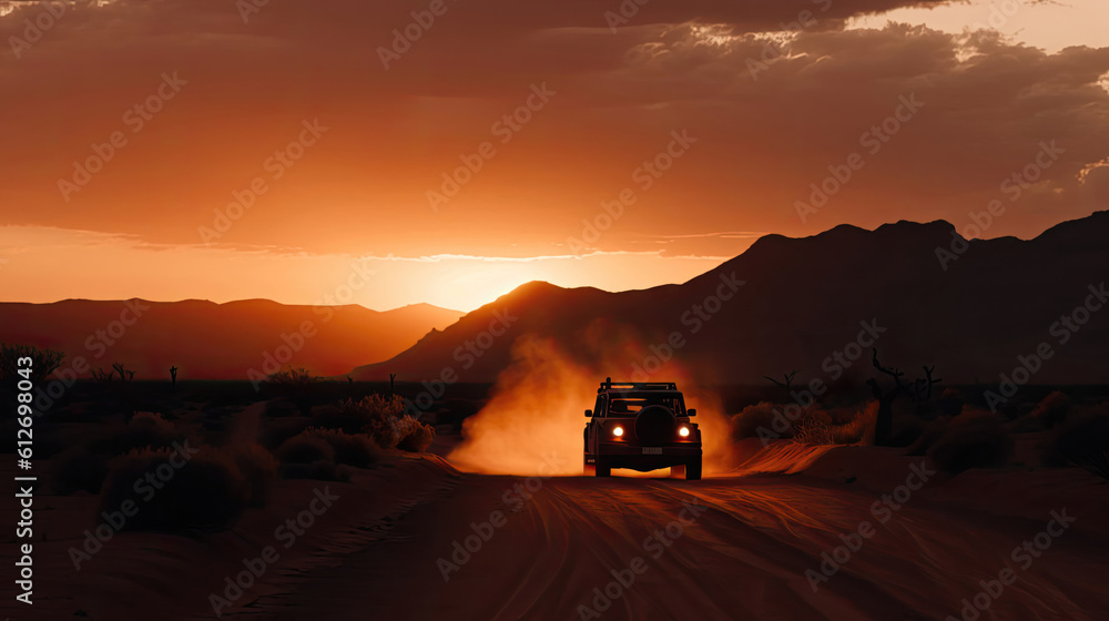The photo showcases a lone car in the vast desert, bathed in the warm glow of the setting sun. The rugged terrain stretches endlessly, highlighting the isolation and adventure of the scene. The striki