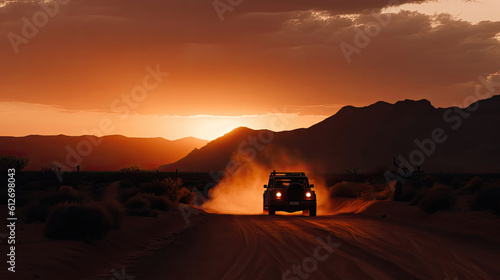 The photo showcases a lone car in the vast desert  bathed in the warm glow of the setting sun. The rugged terrain stretches endlessly  highlighting the isolation and adventure of the scene. The striki