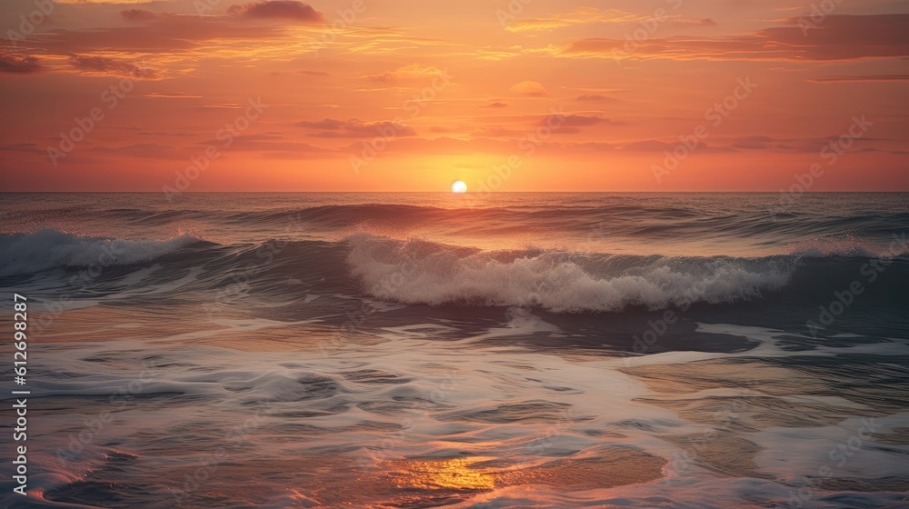 The photo captures a breathtaking sunset over the sea, painting the sky in a mesmerizing palette of warm hues. The golden sun descends towards the horizon, casting a radiant glow across the tranquil w