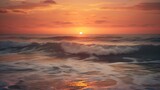 The photo captures a breathtaking sunset over the sea, painting the sky in a mesmerizing palette of warm hues. The golden sun descends towards the horizon, casting a radiant glow across the tranquil w