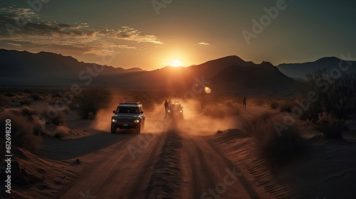 The photo showcases a lone car in the vast desert, bathed in the warm glow of the setting sun. The rugged terrain stretches endlessly, highlighting the isolation and adventure of the scene. The striki © Martin