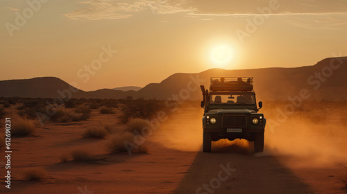 The photo showcases a lone car in the vast desert, bathed in the warm glow of the setting sun. The rugged terrain stretches endlessly, highlighting the isolation and adventure of the scene. The striki