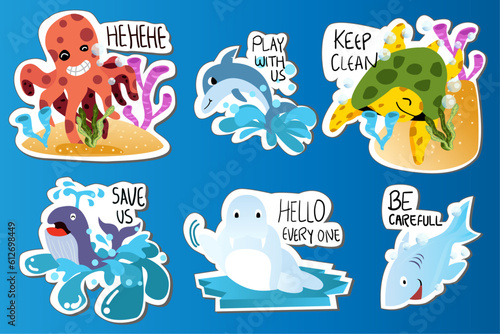 Photography set of funny cartoon ocean animals sticker