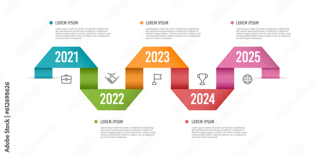 Business timeline infographic with folded ribbons. Business presentation milestone. Vector illustration.