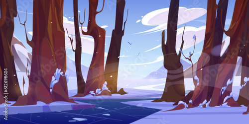 Winter season nature, mountain river flowing in forest. Vector cartoon illustration of white snowy landscape with trees, frozen stream or brook, clouds in blue sky and flying birds, windy weather