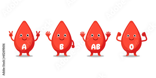 Cartoon blood drop. Blood type A, B, AB, O. Vector illustration.