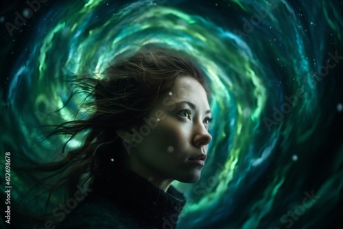 young woman with blowing hair in front of a green light swirl created with Generative AI technology
