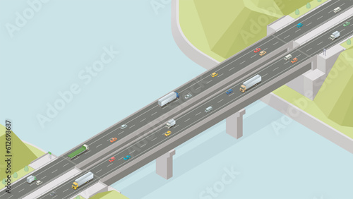 アイソメトリック図法で描いた河川に架かる高速道路の橋のイメージ / Japanese expressway bridge. Isometric illustration