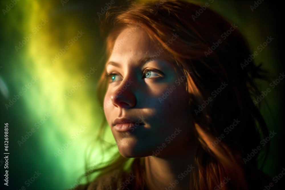 young woman with natural red hair looks slightly to the side created with Generative AI technology young woman with natural red hair looks slightly to the side created with Generative AI technology