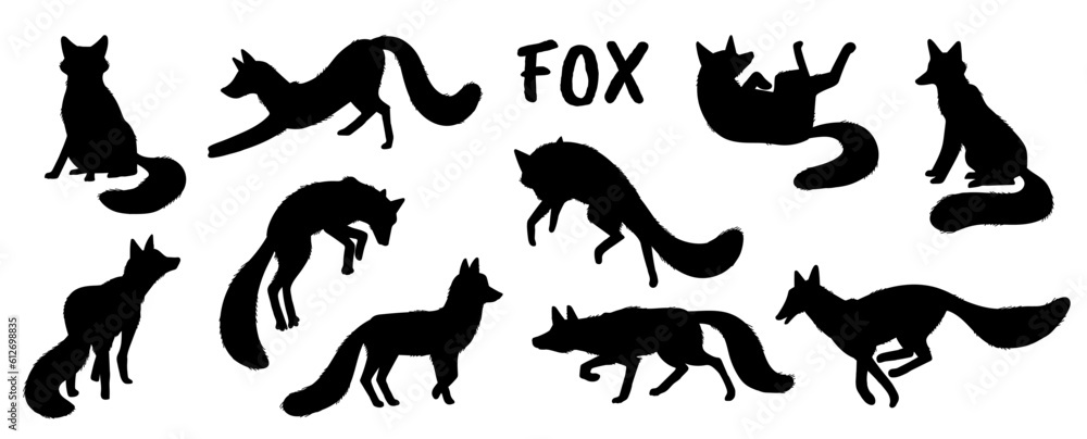 Set of black fox silhouettes in different poses flat style, vector illustration