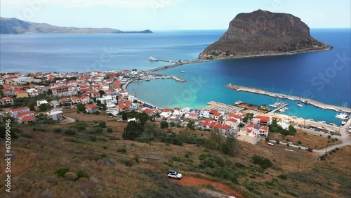 Old town of Monemvasia in Greece in the Peloponnese on a sunny day with blue water