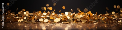 Generative AI illustration of heap of shiny glossy golden confetti scattered on table against dark background