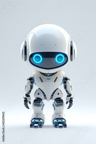 A white robot with blue eyes standing in front of a white background. Generative AI.