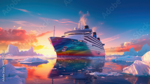 icebreaker ship sails among icebergs. Generative AI photo