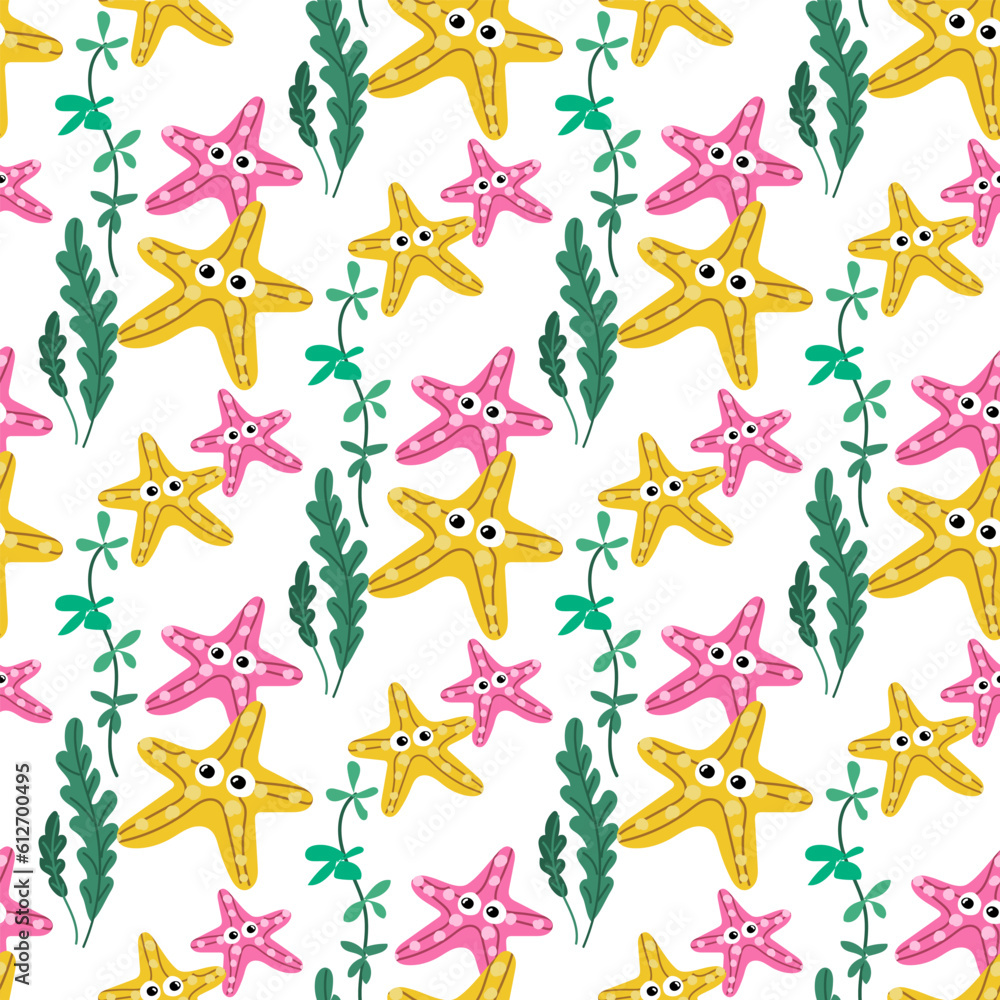Seamless vector pattern with cute yellow and pink eyed starfish in algae. Children's marine illustration. Summer hand-drawn background for packaging, wrapping paper, banner, print, postcard, gift Seamless vector pattern with cute yellow and pink eyed starfish in algae. Children's marine illustration. Summer hand-drawn background for packaging, wrapping paper, banner, print, postcard, gift