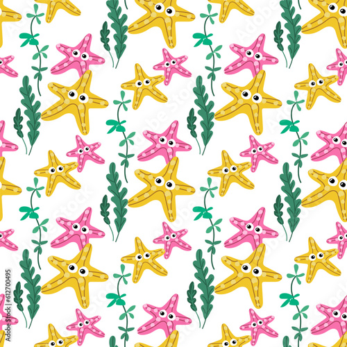 Seamless vector pattern with cute yellow and pink eyed starfish in algae. Children's marine illustration. Summer hand-drawn background for packaging, wrapping paper, banner, print, postcard, gift
