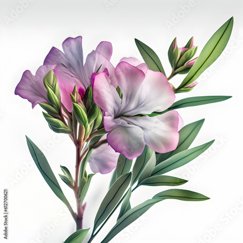 Bouquet of oleander flower plant with leaves isolated on white background. Flat lay, top view. macro closeup 