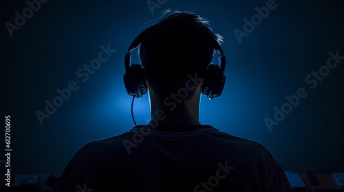 Concept of gaming addiction, featuring back view of a boy sitting in a dark room, lit by the glow of a screen. Capturing immersive nature of excessive gaming and its potential risks. Generative AI