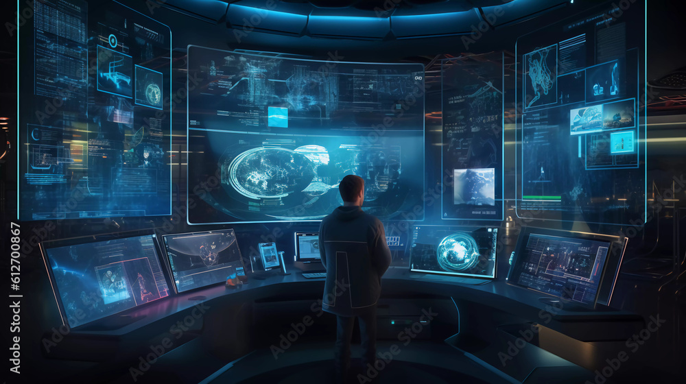 Digital graphics Futuristic 3D Concept, Big Data Center Chief Technology Officer Using Laptop Standing In Warehouse, Information Digitalization Lines, technology and data, Generative AI. Digital graphics Futuristic 3D Concept, Big Data Center Chief Technology Officer Using Laptop Standing In Warehouse, Information Digitalization Lines, technology and data, Generative AI.