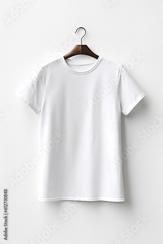 A white t-shirt hanging on a hanger. Generative AI. Tshirt mockup, copy space.