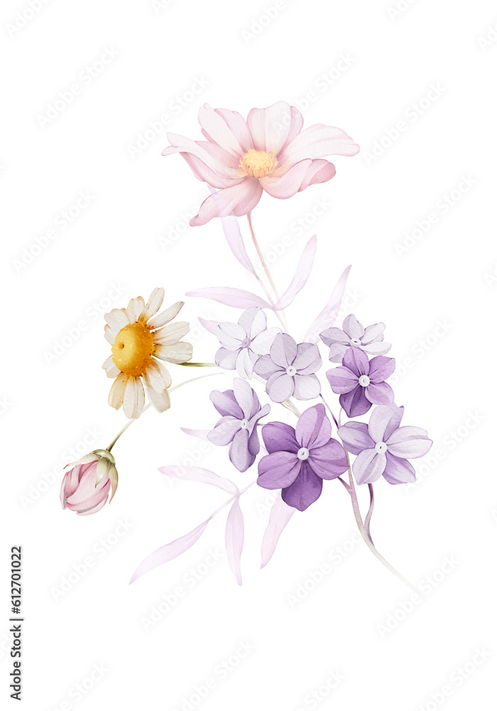 Obraz premium Bouquet of flowers on a white background. Watercolor illustration for greeting card