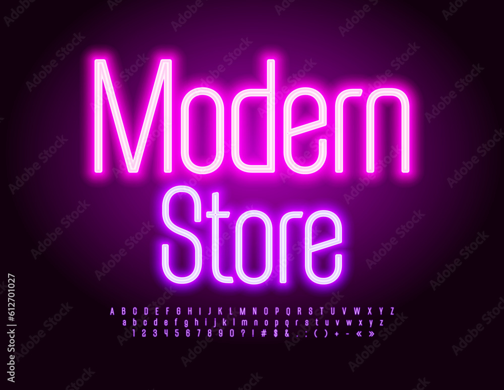 Vector business Poster Modern Store. Stylish Neon Font. Set of Glowing Alphabet Letters, Numbers and Symbols Vector business Poster Modern Store. Stylish Neon Font. Set of Glowing Alphabet Letters, Numbers and Symbols