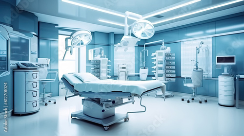 The AI generated illustration depicts an empty, modern operating room in a hospital setting, complete with state-of-the-art surgical equipment and sterile environment