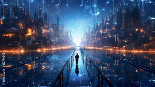 Digital graphics Futuristic 3D Concept, Big Data Center , Chief Technology Officers Standing In Warehouse, Information Digitalization Lines, technology and data, Generative AI.