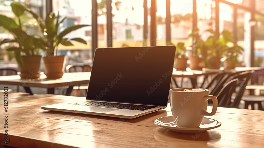 A laptop computer sitting on top of a wooden table. Generative AI. Laptop, portable computer mockup. A laptop computer sitting on top of a wooden table. Generative AI. Laptop, portable computer mockup.