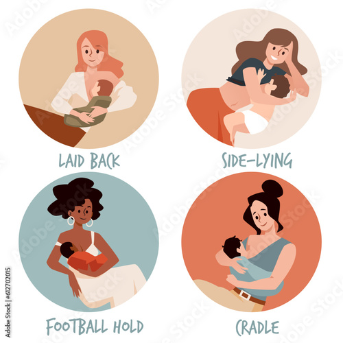Breastfeeding positions, women feeding newborn babies - set of flat vector illustrations isolated on white background.