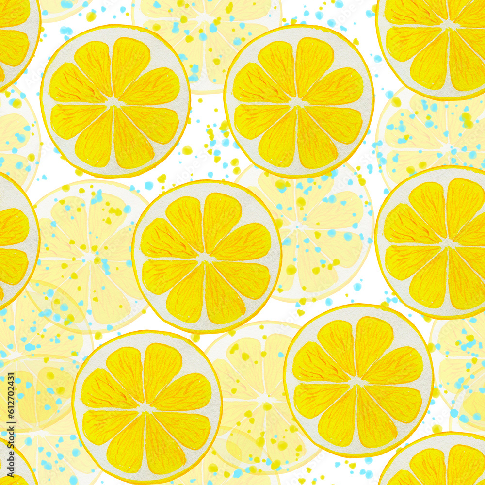 Lemon slices round watercolor seamless pattern. Endless background of yellow citrus fruits. Hand drawn lemonade backdrop. For fabric and wallpaper. Summer print. Lemon slices round watercolor seamless pattern. Endless background of yellow citrus fruits. Hand drawn lemonade backdrop. For fabric and wallpaper. Summer print.