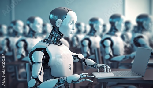 Ai humanoid robot, artificial intelligence or machine learning concept in classroom. Globalization and technological development. ai generation