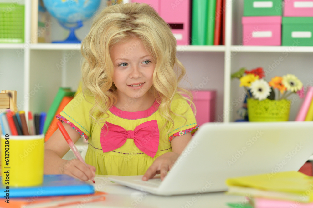 girl using laptop at desk at home girl using laptop at desk at home