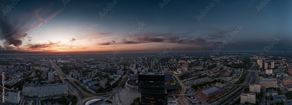 Obraz na płótnie Panoramic drone image of the center of the Polish city of Katowice in the evening. Office buildings and a roundabout in the capital of Upper Silesia w salonie