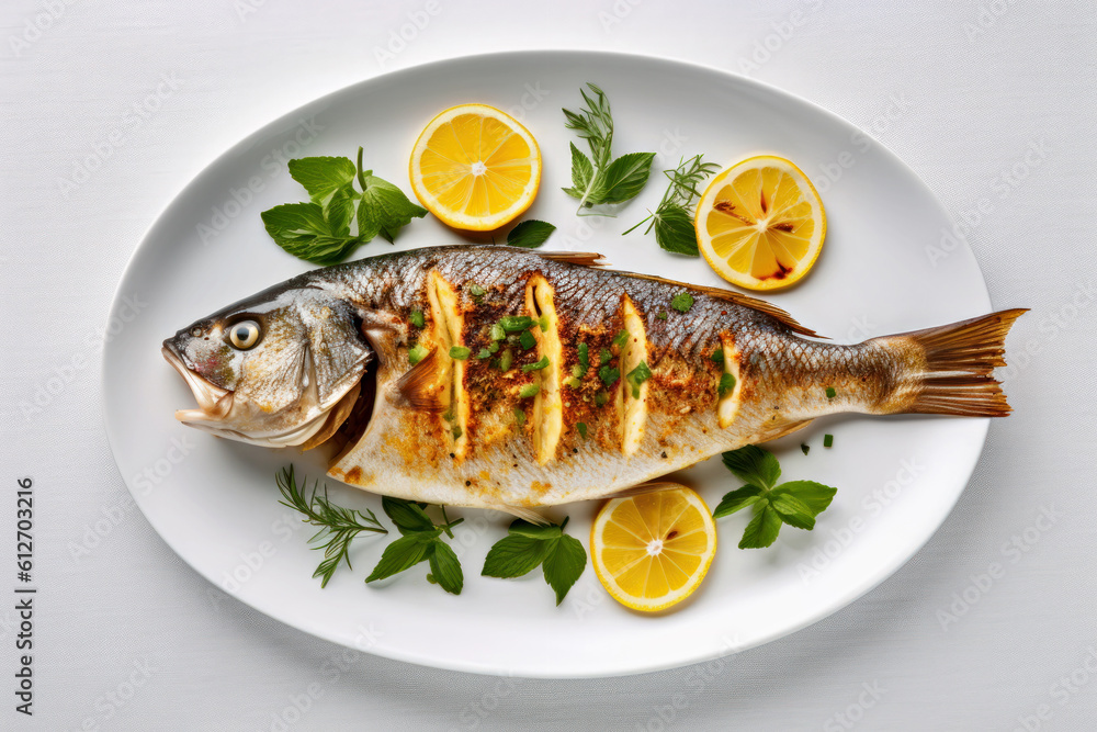 grilled fish on a white plate, Generative AI grilled fish on a white plate, Generative AI