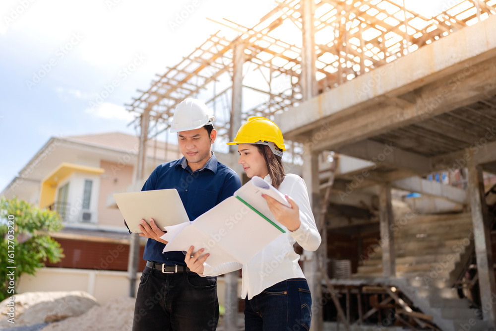 A team of 2 Asian male and female engineers, mechanic managers and staff. Business meeting with tablet and blueprint In construction site, architecture industry, holding listnote, wearing vest, helmet A team of 2 Asian male and female engineers, mechanic managers and staff. Business meeting with tablet and blueprint In construction site, architecture industry, holding listnote, wearing vest, helmet