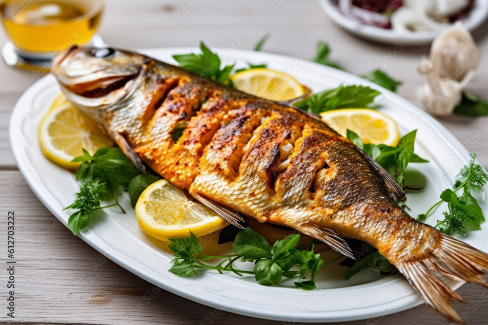 grilled fish on a white plate, Generative AI grilled fish on a white plate, Generative AI