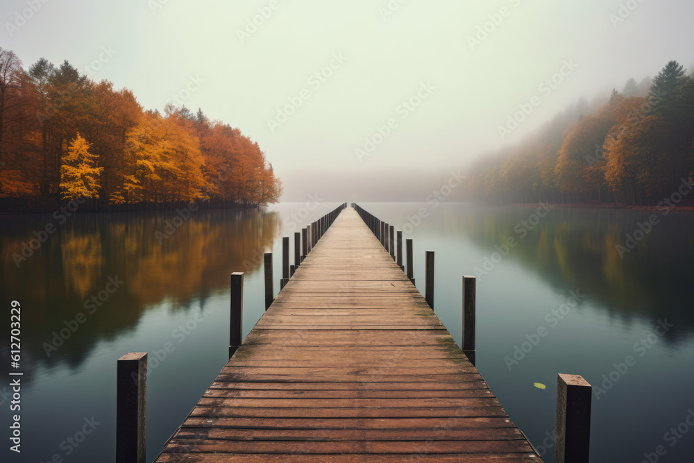 Fototapeta premium foggy lake and long pier, Generative AI