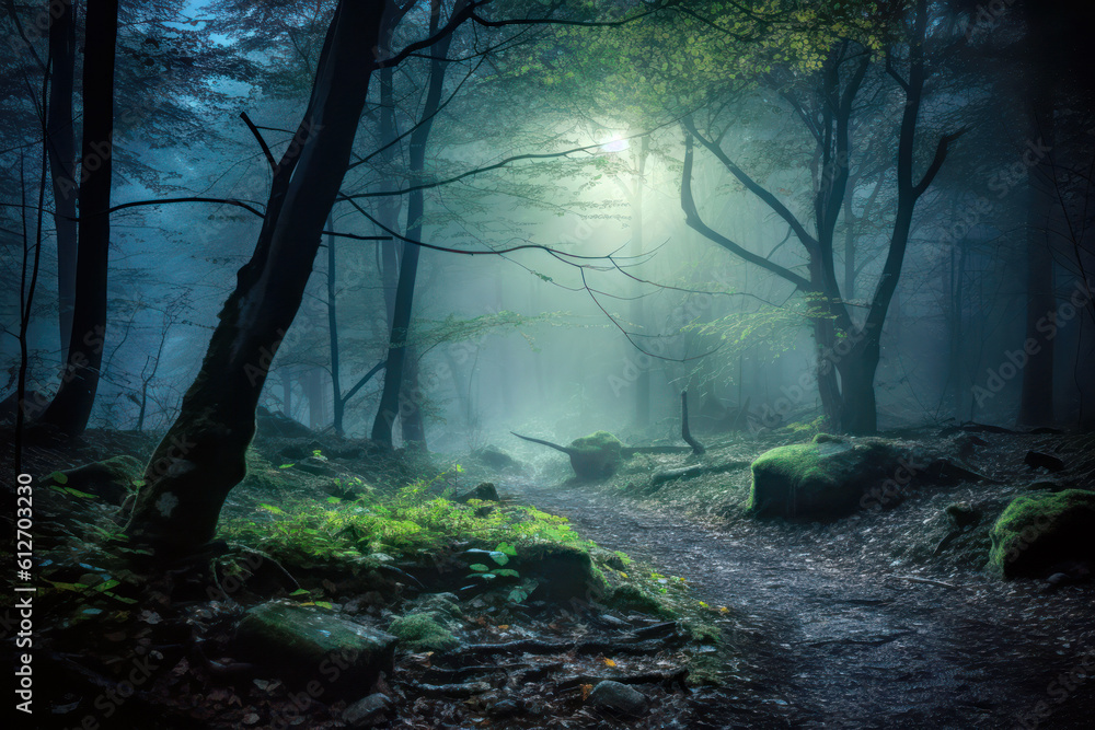 Mysterious forest illuminated by moonlight, Generative AI Mysterious forest illuminated by moonlight, Generative AI