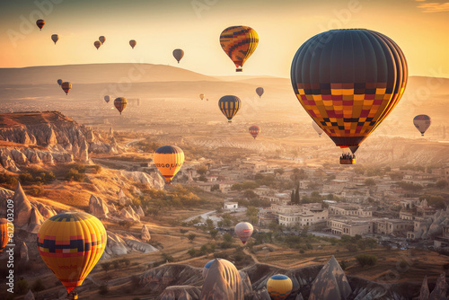 Many hot air balloons flying over mountainous city, Generative AI