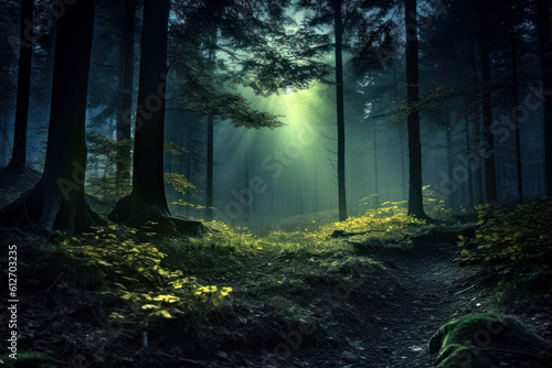 Mysterious forest illuminated by moonlight, Generative AI