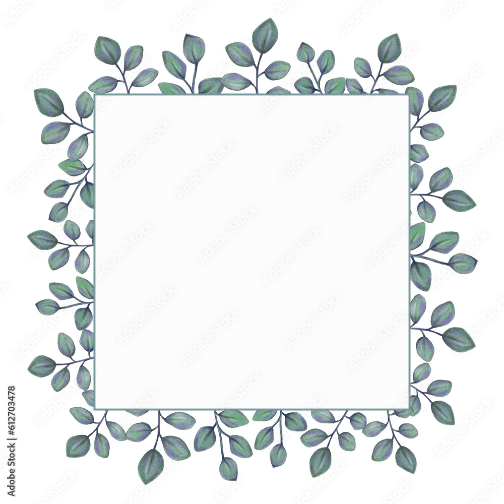 Floral frame with leaves for wedding and holiday. Decorative simple element for design. Hand drawn illustration isolated.