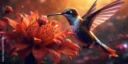 beautiful exotic colibri, multicolor hummingbird drinking the juice of a flower in a tropical garden, generative ai © CROCOTHERY