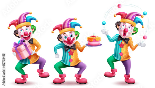 Clown characters vector set design. Birthday clown, mascot, costume and buffoon with funny facial expression. Vector illustration colorful characters collection.