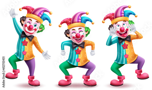 Clown birthday characters vector set design. Clown and buffoon character in standing poses isolated in white background. Vector illustration funny comedian collection.