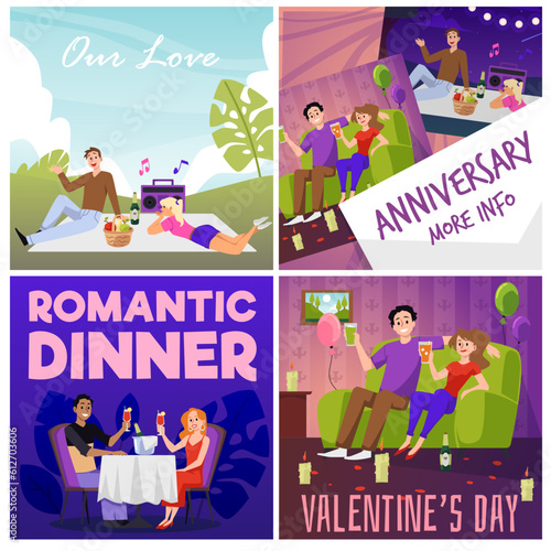 Set of posters of happy couples celebrating love at romantic dinners, flat vector illustration.
